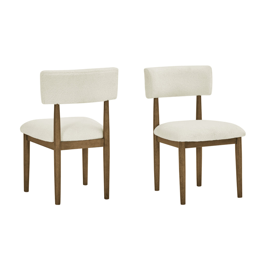 Pair of beige Sherpa dining chairs with walnut oak legs from the Walnut Oak Dining Set - Sleek Sled Base, Cozy Chairs.