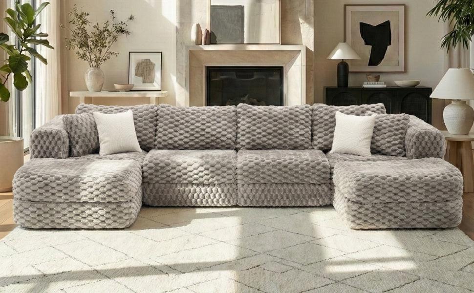 Modular Sectional Sofa Grey Bubble Velvet with Movable Ottomans.