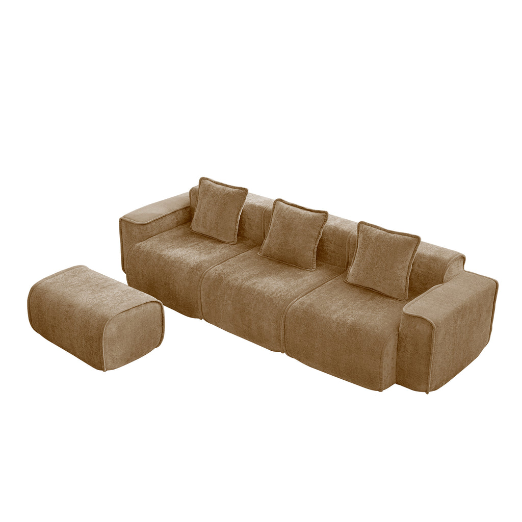 Velvet L Shape Modular Sectional Sofa with Ottoman & Pillows, showcasing flexible layout options with detached ottoman.