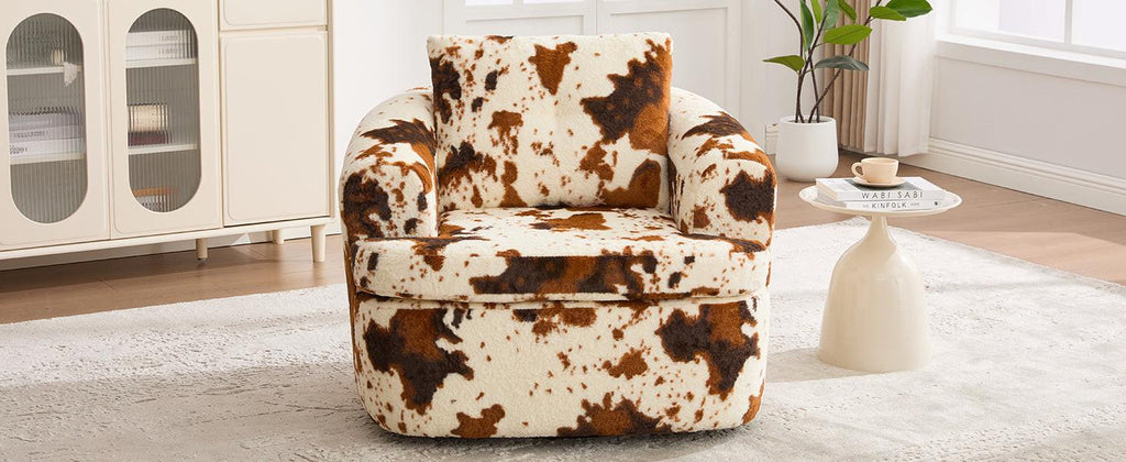 Modern 360° Swivel Accent Barrel Chair with Dual-Layer Cushion in Beige & Brown Faux Fur, 36.6' Round Seating for Living Room, Bedroom, Office, or Hotel