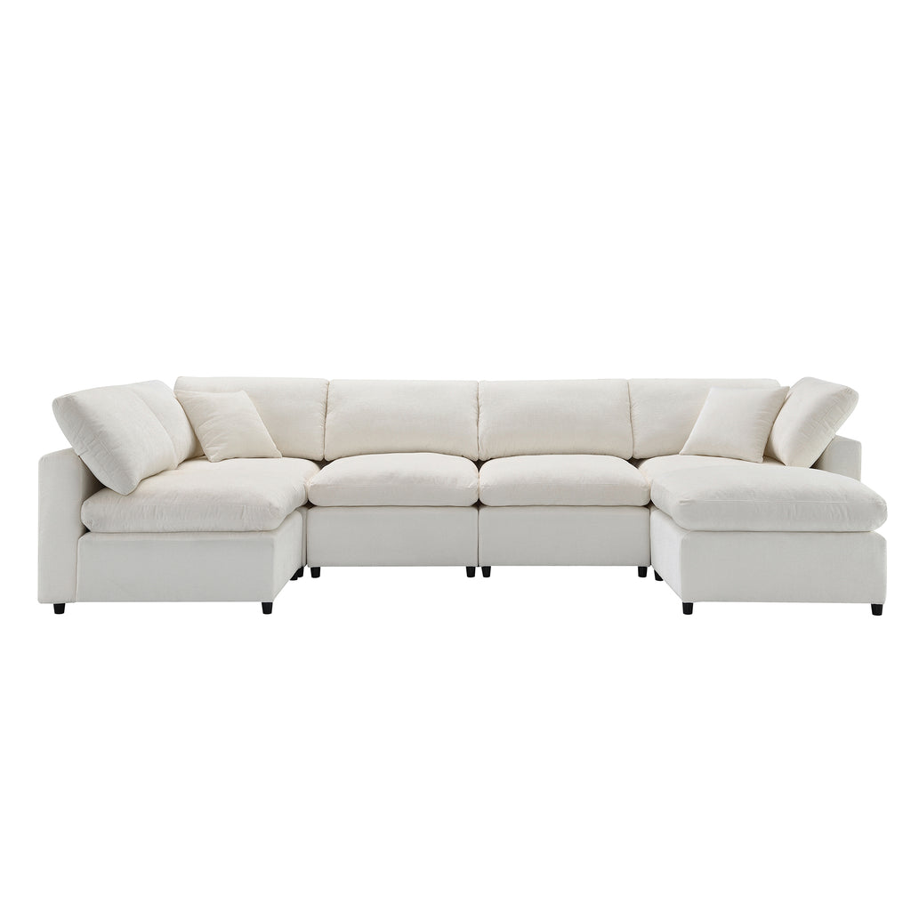 Front view of 130' Modular Sofa Bed - Convertible 6 Seat Sectional in white chenille, showing clean lines and plush cushions.