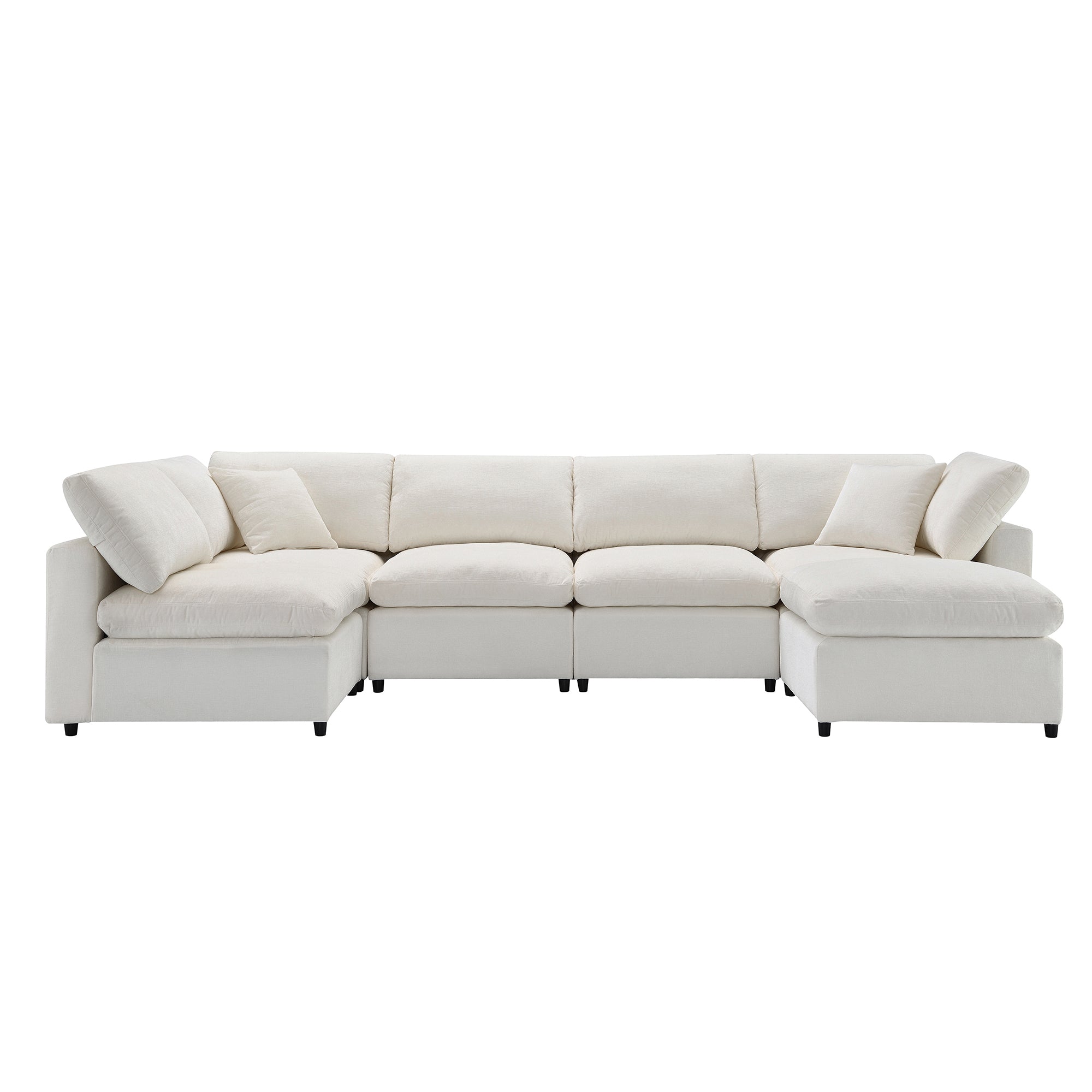 Front view of 130' Modular Sofa Bed - Convertible 6 Seat Sectional in white chenille, showing clean lines and plush cushions.