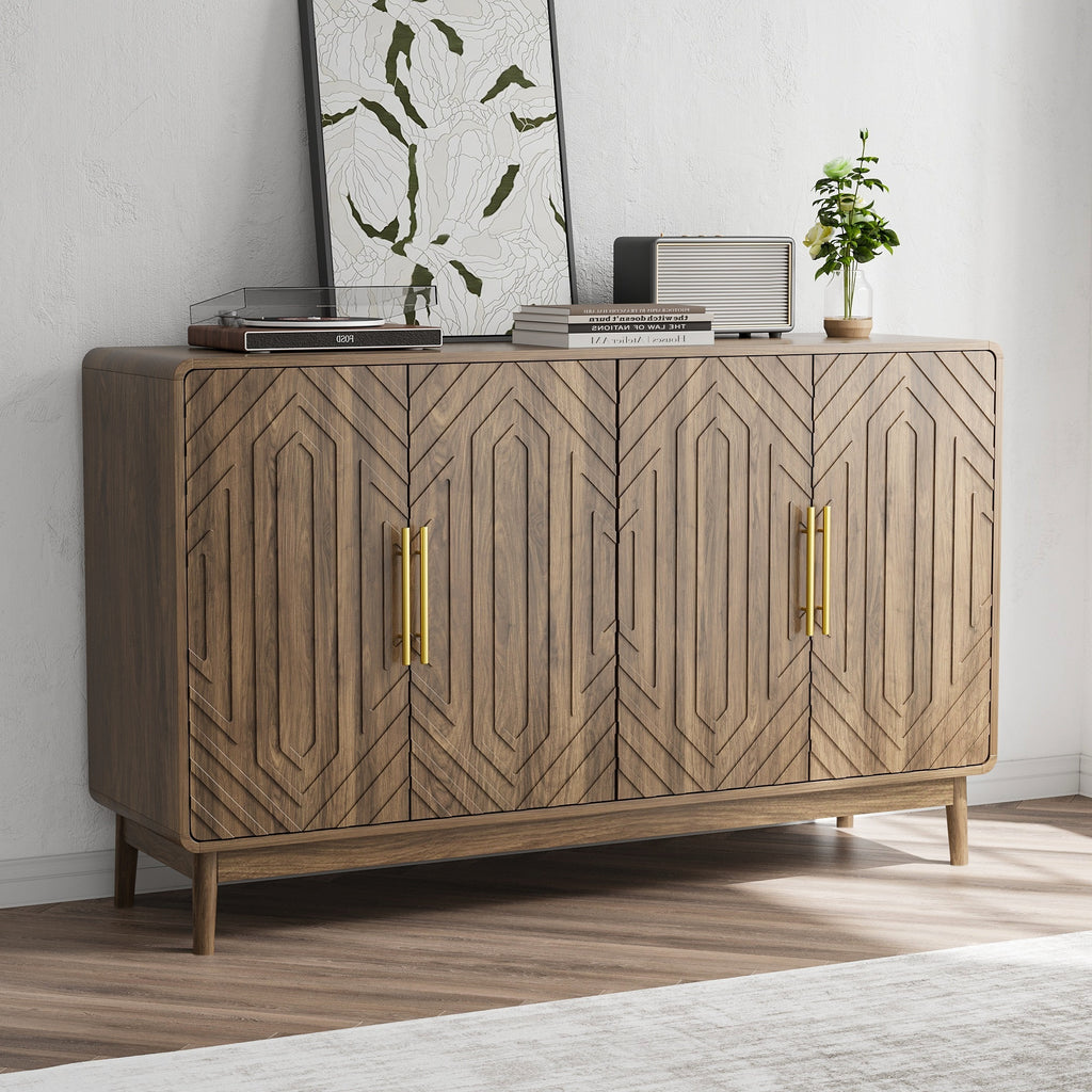 Contemporary walnut sideboard with gold handles and geometric door design, styled in a minimalist room with natural lighting.