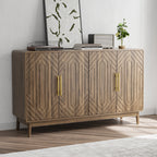 Contemporary walnut sideboard with gold handles and geometric door design, styled in a minimalist room with natural lighting.