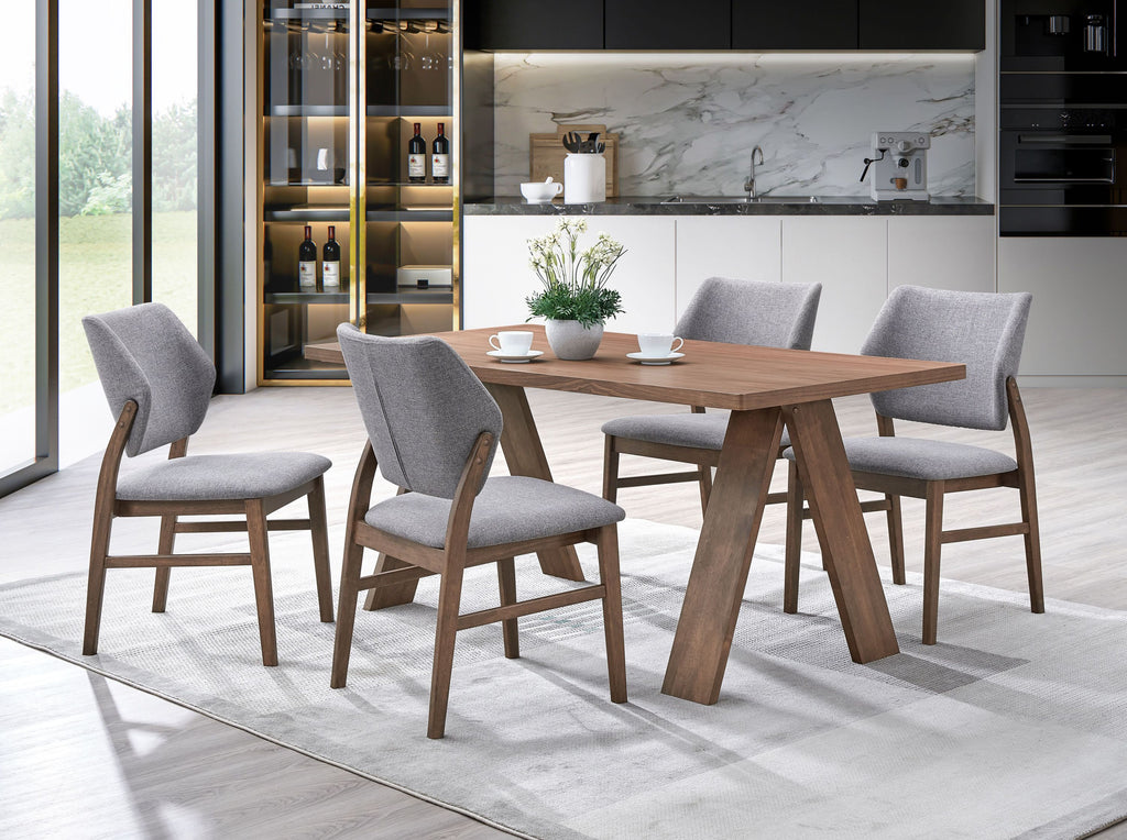 Sarha Dining Set - 5-piece walnut table with four gray cushioned chairs in modern dining room. Stylish and comfortable for everyday use.