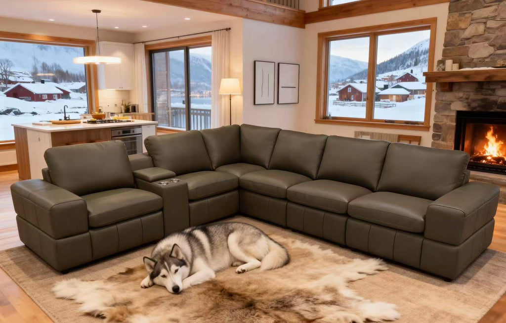 Olive Green Leather Match 6-Seater Modular Sectional with Square Arms