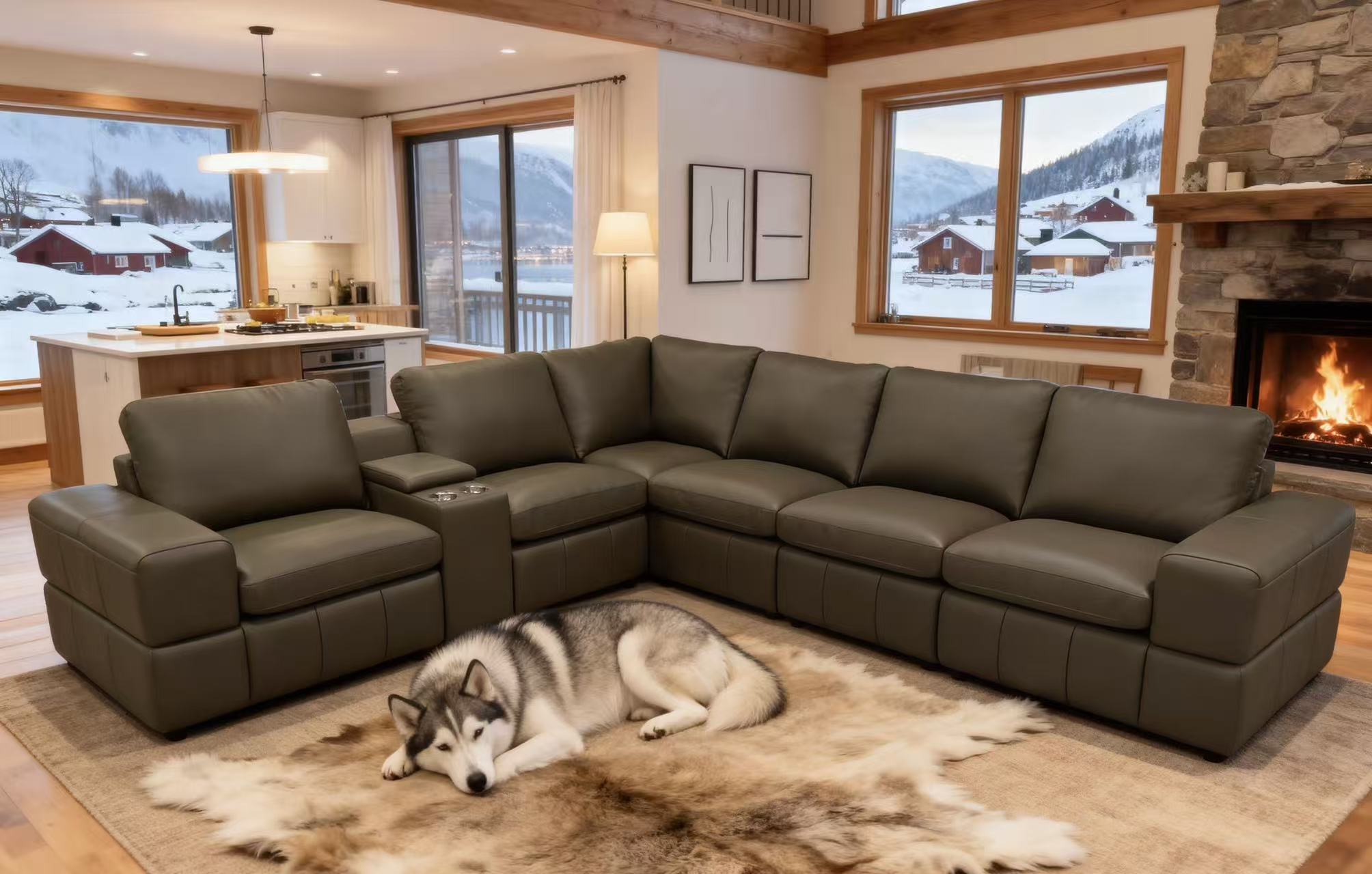 Olive Green Leather Match 6-Seater Modular Sectional with Square Arms