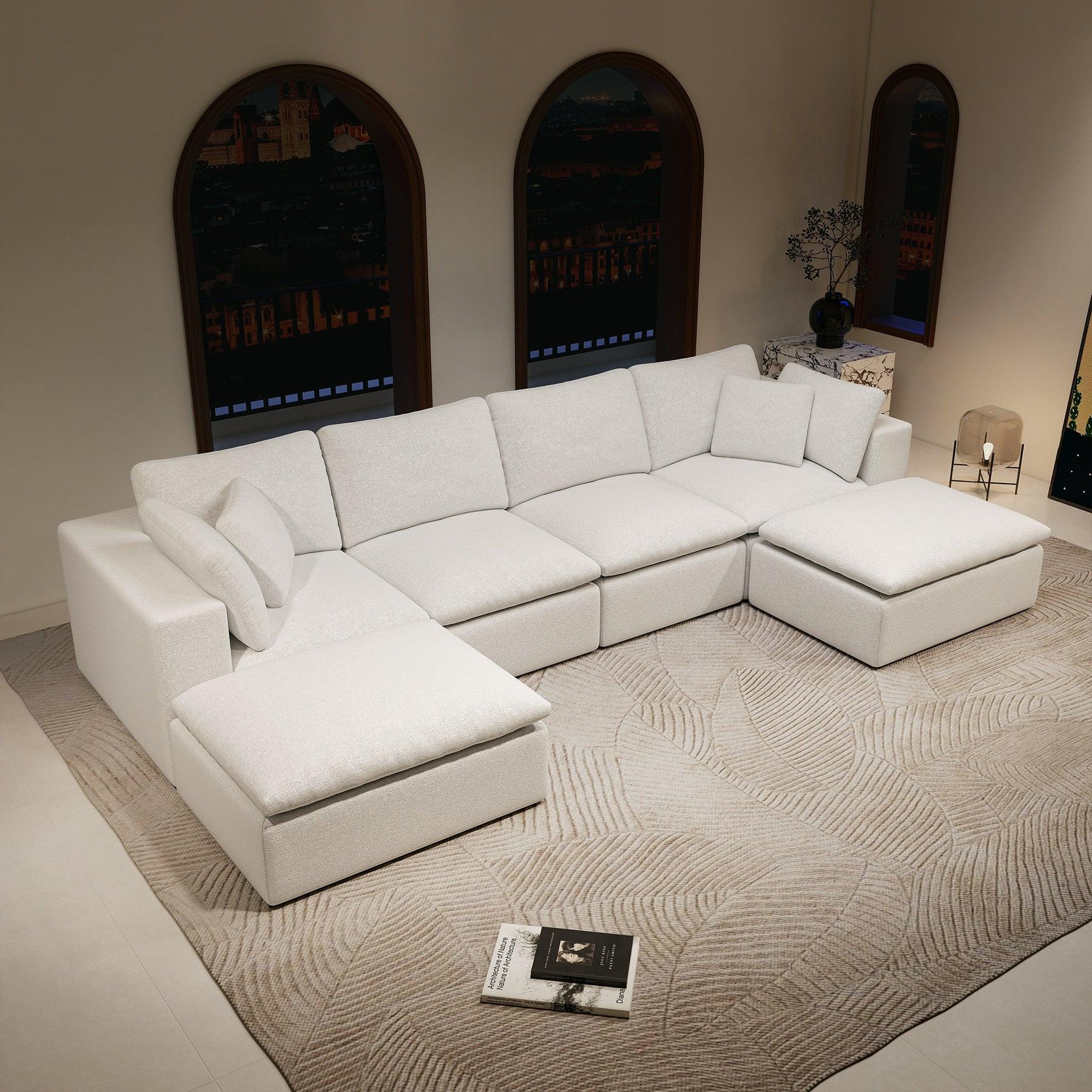 Modular Sectional Sofa - Plush Corduroy Fabric White.