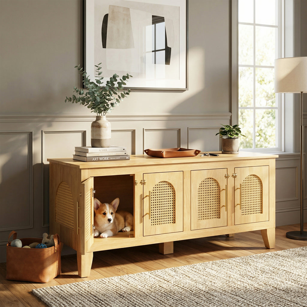 Lars Natural Rattan & Rubber Wood Dog Crate Cabinet, 47-Inch