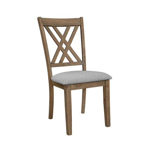 Angled view of Amador Cross Back Dining Chair showing sturdy gray wood frame and padded seat for comfort.
