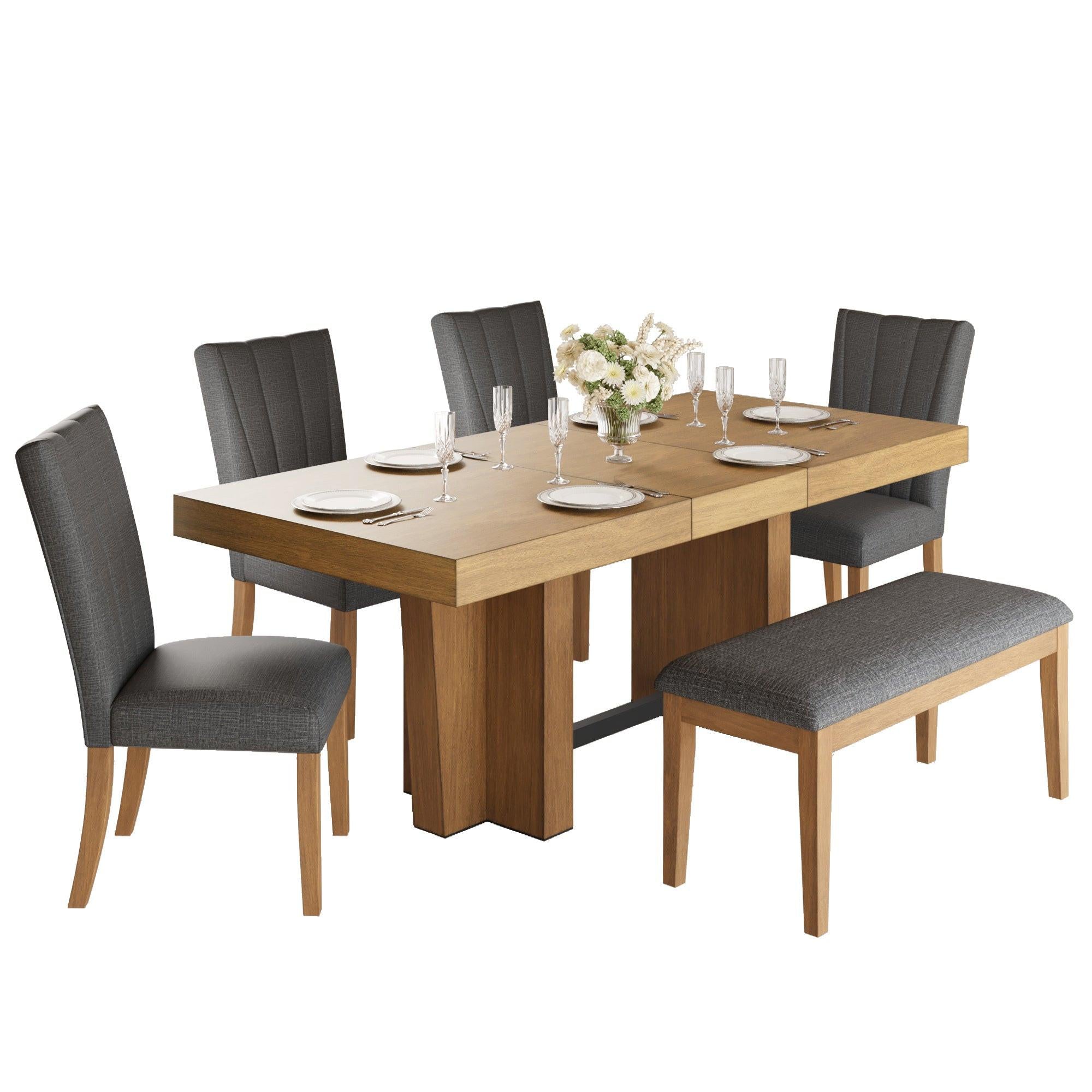 Extendable Wood Dining Table Set for 6 with Bench & Chairs.
