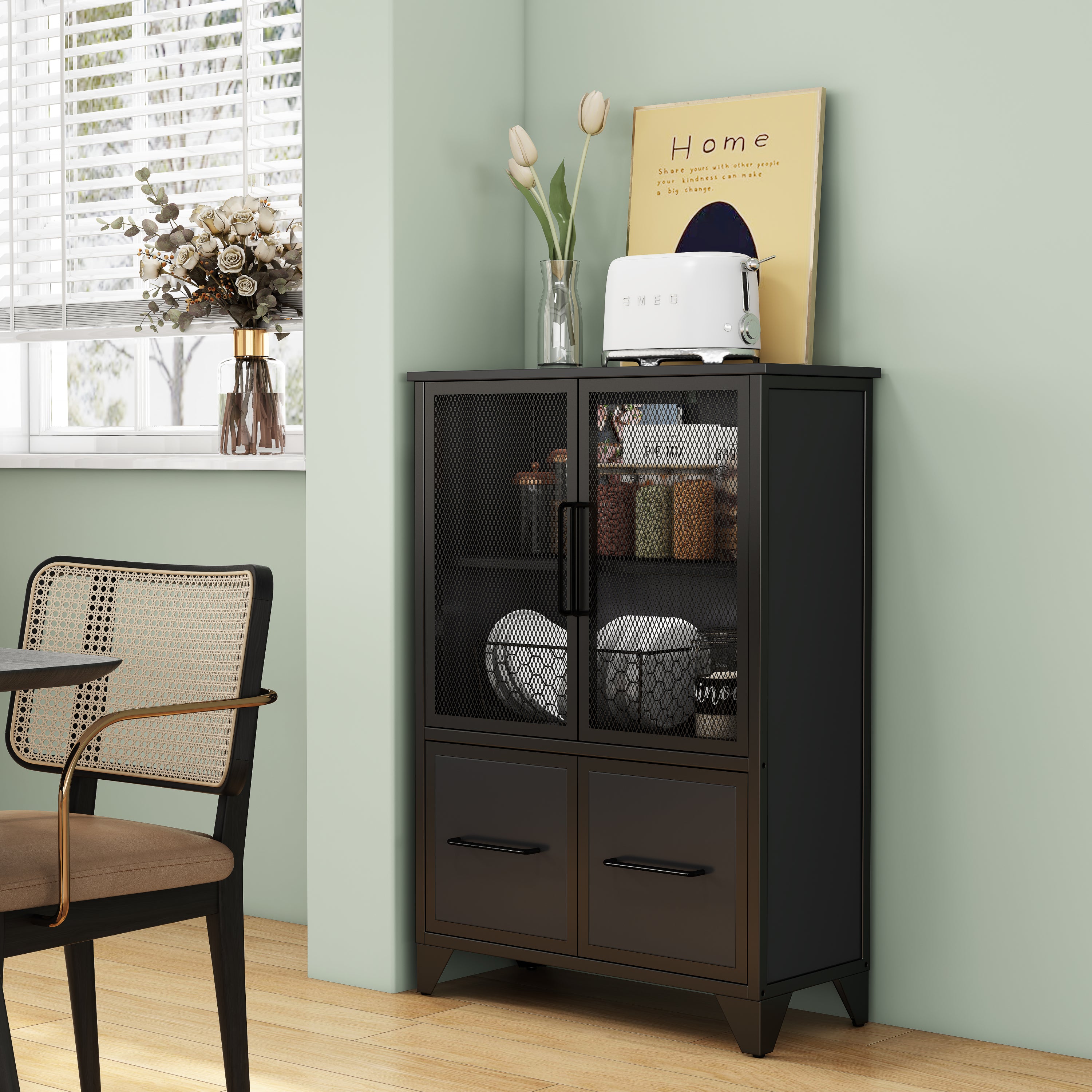 Black industrial storage cabinet with two mesh upper doors, two lower drawers, and sturdy metal frame on light wood floor.