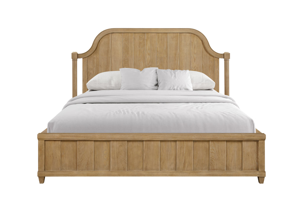 Queen planked panel bed in cashew finish with a curved headboard, turned posts, and a matching footboard.