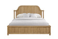 Queen planked panel bed in cashew finish with a curved headboard, turned posts, and a matching footboard.