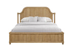 Queen planked panel bed in cashew finish with a curved headboard, turned posts, and a matching footboard.