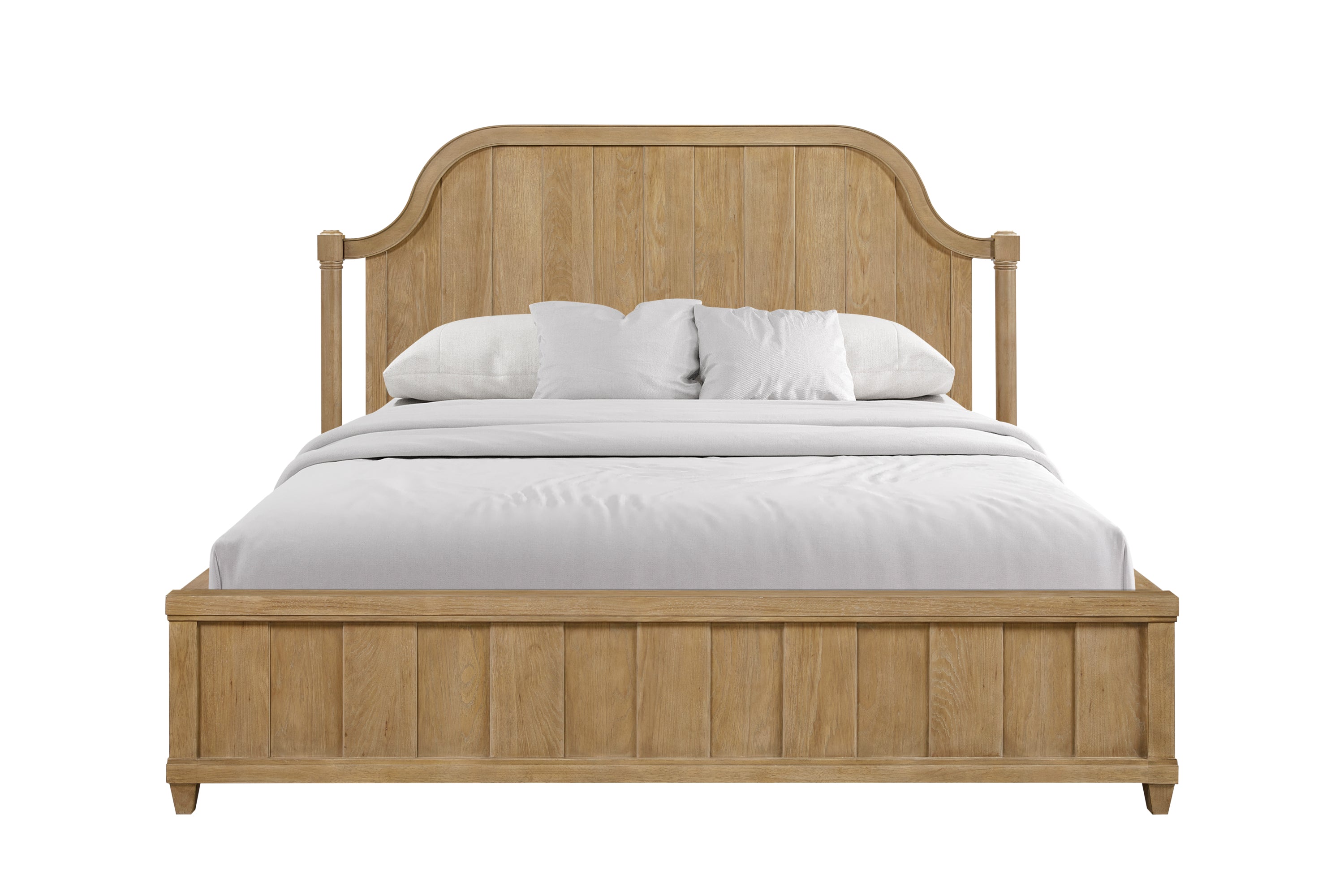 King-size planked panel bed in cashew-finished wood with a curved headboard, turned posts, and white bedding.