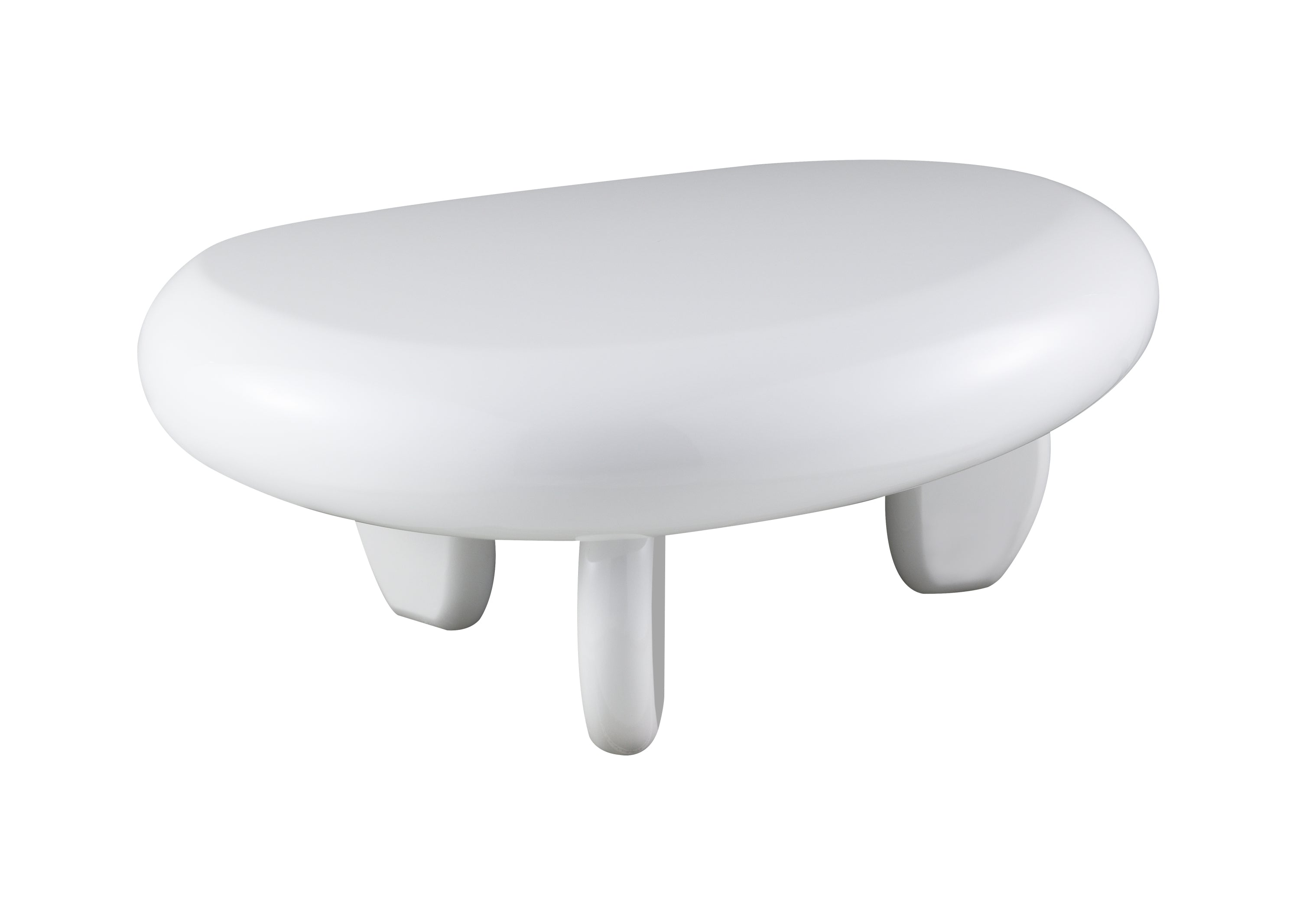 Wylie High Gloss White Coffee Table with smooth curved edges and three sturdy legs, crafted from durable MDF for modern home decor.