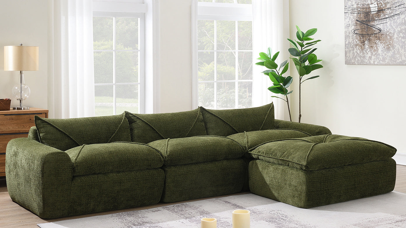Modern living room featuring 116'' compressed sofa in green with high density foam, right chaise, and no-assembly setup.