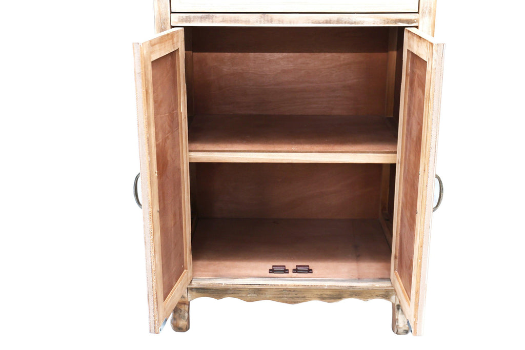 Rustic Wooden Storage Cabinet with Cutout Door & Drawers.