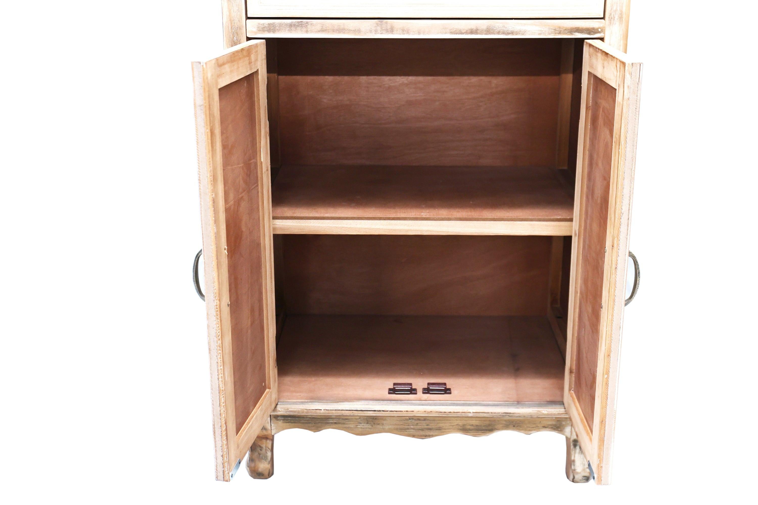 Rustic Wooden Storage Cabinet with Cutout Door & Drawers.