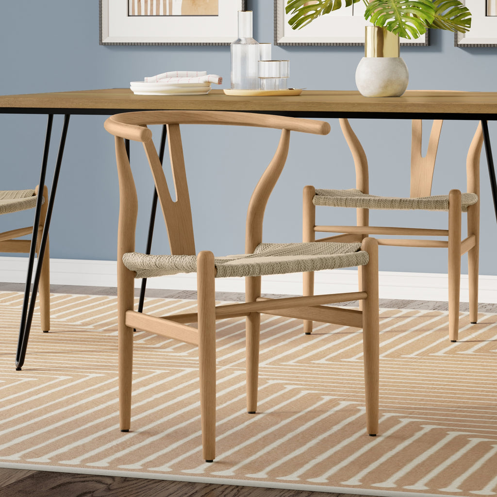 Hershey Dining Chairs Set of 2 - Ergonomic Design Wood shown in modern dining room setup, brown beech frame with woven rope seat complements decor.