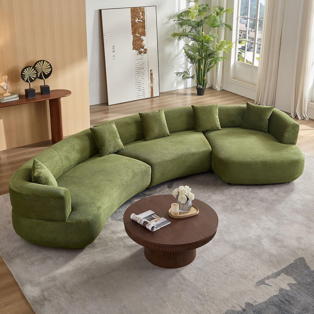155.91 inch Curved Green Sectional Sofa with 5 Pillows.