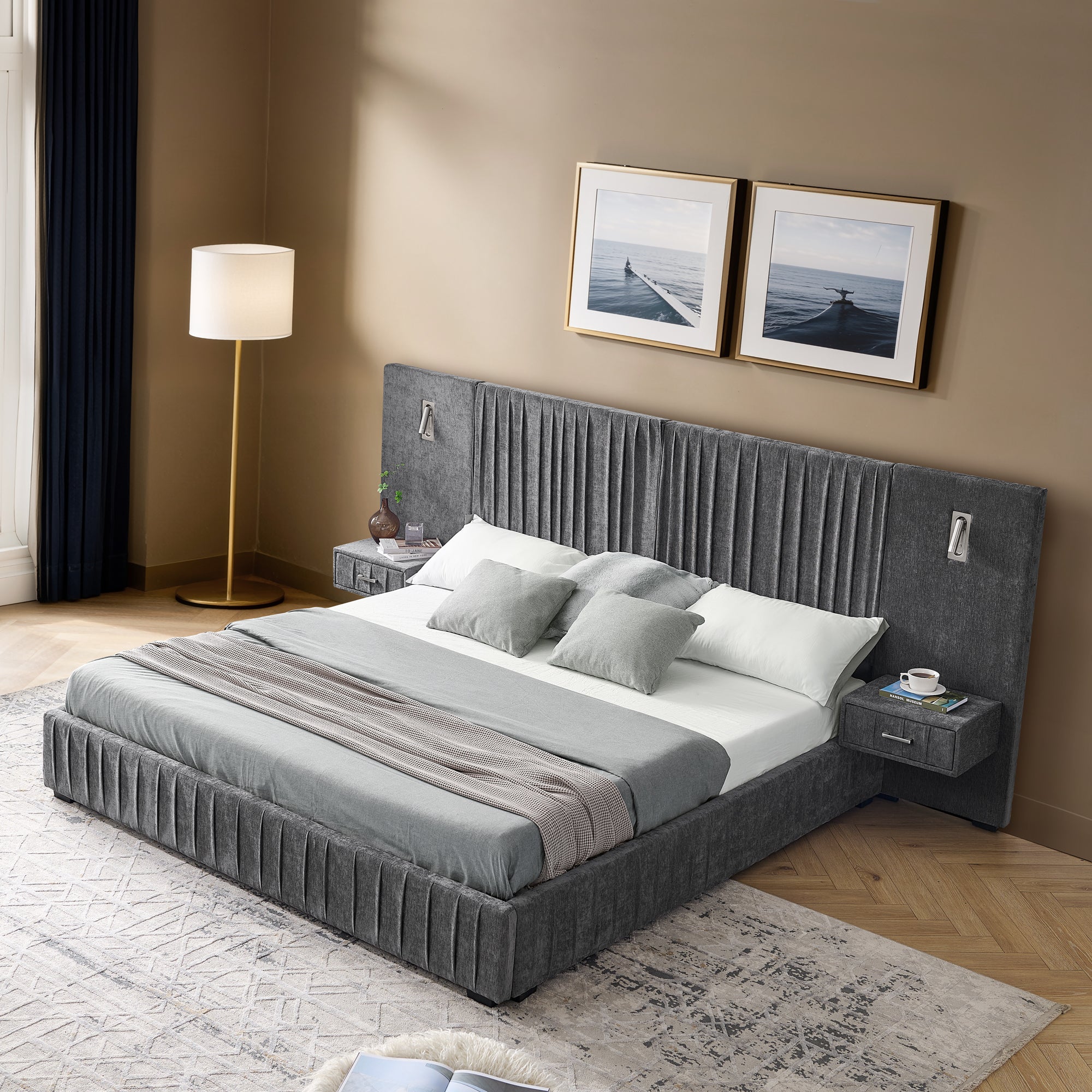 Angled top view of queen upholstered bed with built-in table and lamp. Solid frame and pleated headboard offer modern bedroom appeal.