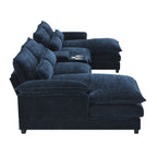 Side profile of U-shaped sectional sofa with USB charger, highlighting deep cushions, armrests, and built-in cup holders.