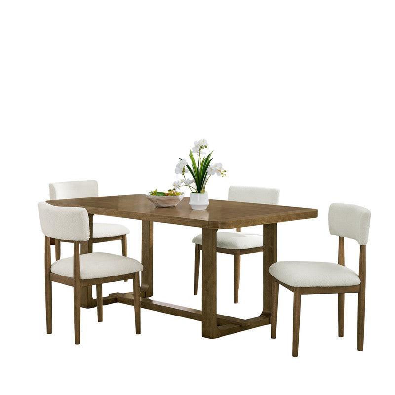 Dafne 5-Piece Dining Set - Walnut Oak Finish with Beige Sherpa Chairs.