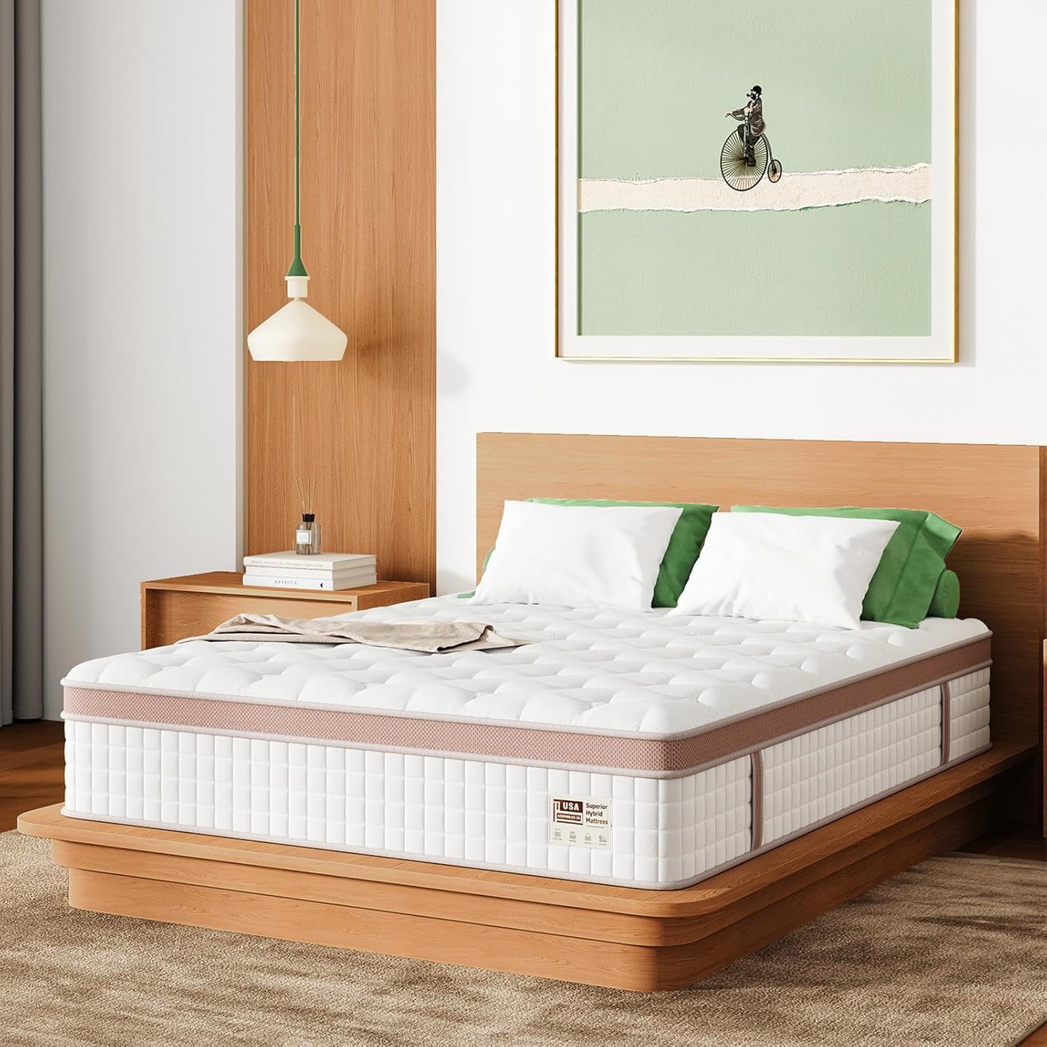 King Size Hybrid Mattress with firm gel memory foam and pocket springs on a modern wooden bed frame, ideal for ergonomic bedroom setups.