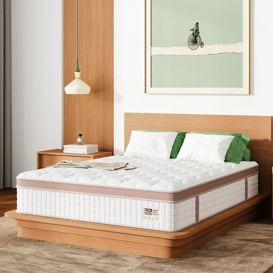 King Size Hybrid Mattress with firm gel memory foam and pocket springs on a modern wooden bed frame, ideal for ergonomic bedroom setups.