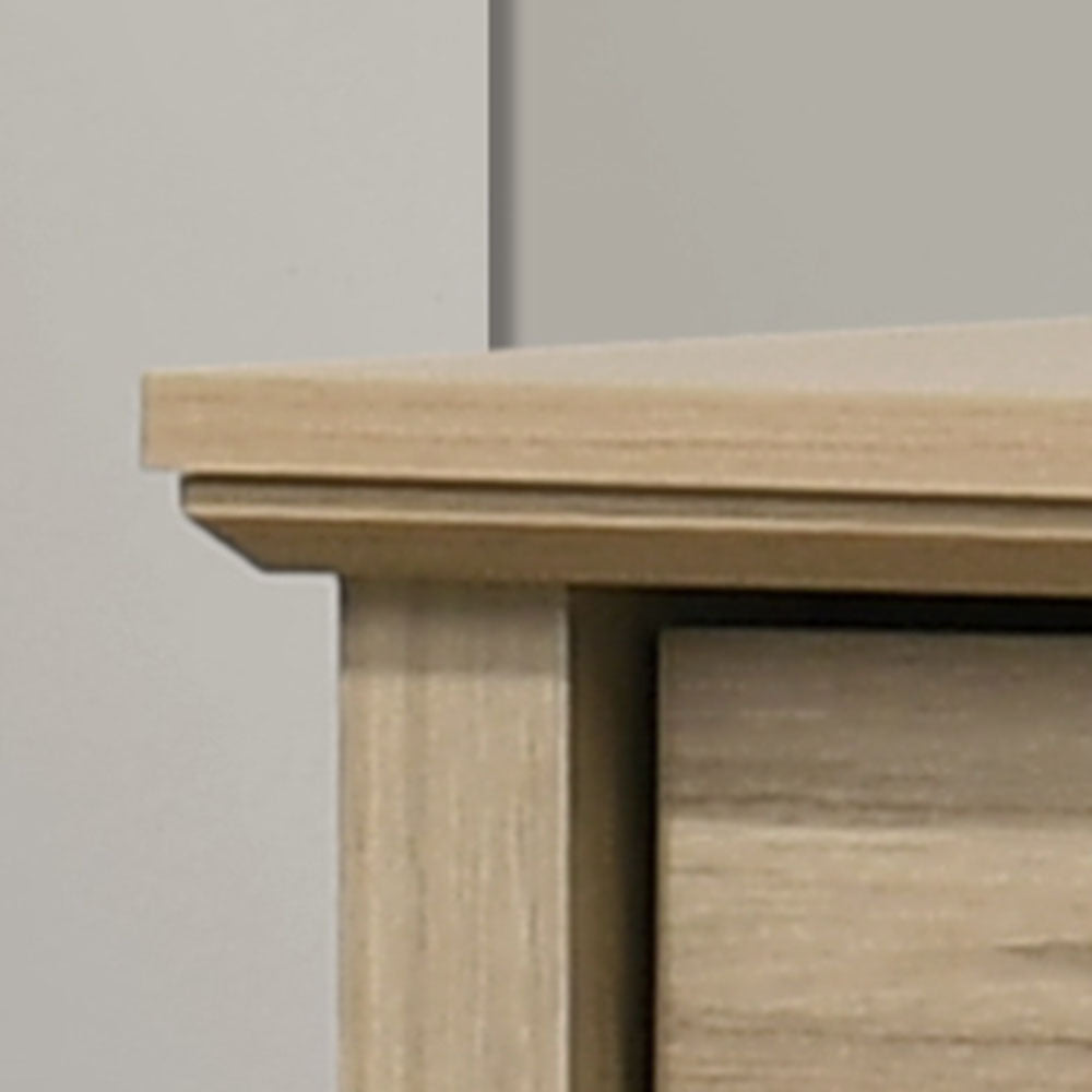 Top corner detail of Elara Light Oak Dresser emphasizing the beveled edge and quality craftsmanship.