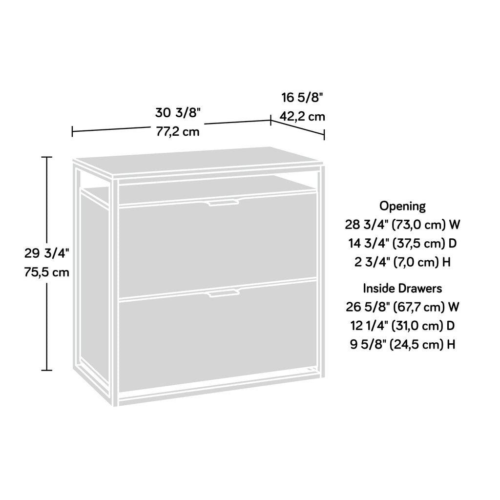 Dimension diagram of brown lateral file cabinet with measurements in inches and centimeters, ideal for planning office space.