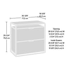 Dimension diagram of brown lateral file cabinet with measurements in inches and centimeters, ideal for planning office space.