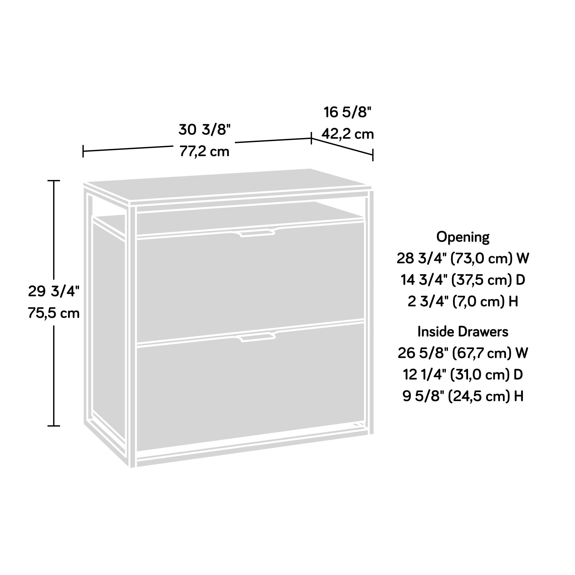 Dimension diagram of brown lateral file cabinet with measurements in inches and centimeters, ideal for planning office space.