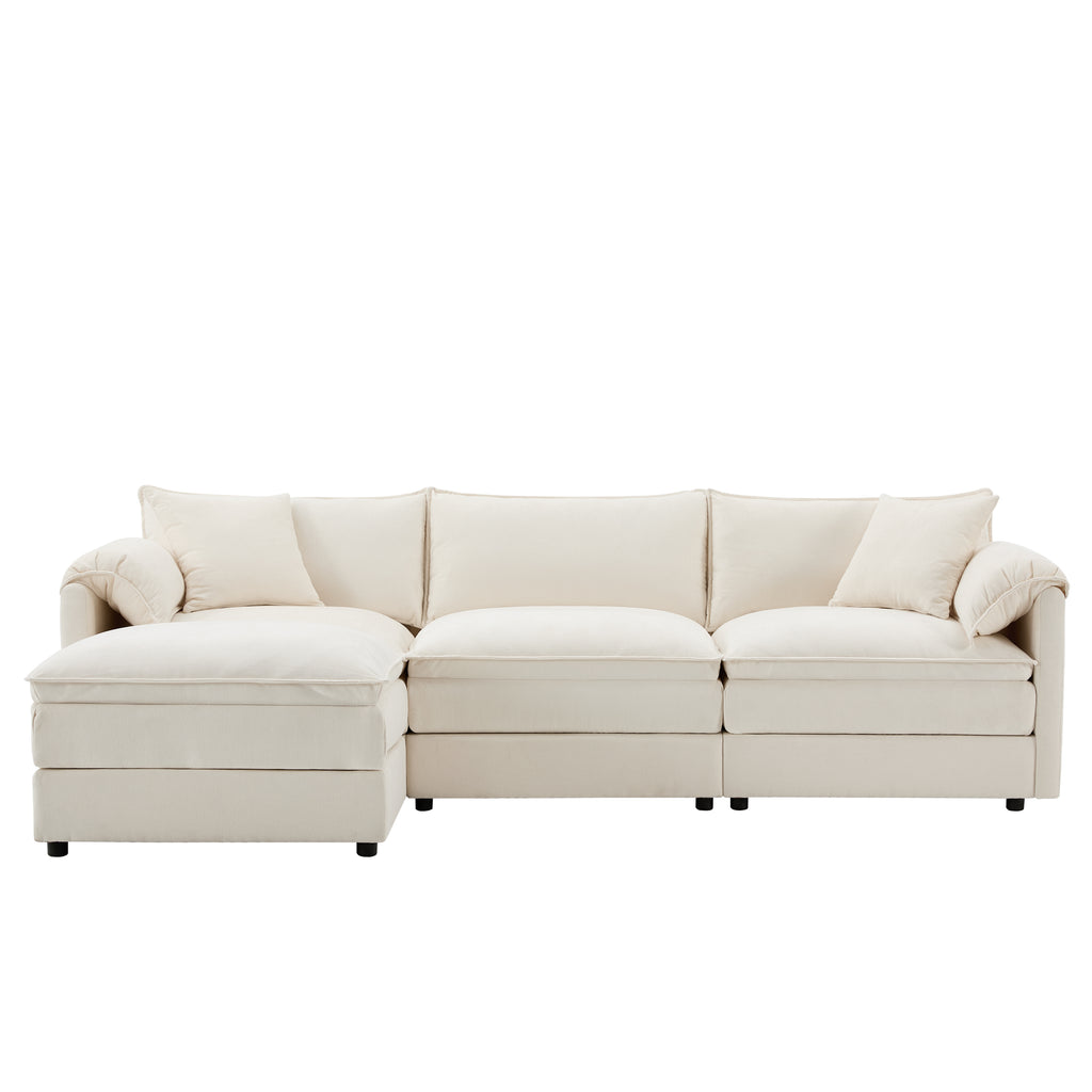 Front view of Chenille Modular Sofa with left-side ottoman, showcasing deep seating and plush cushions in a cream sectional layout.