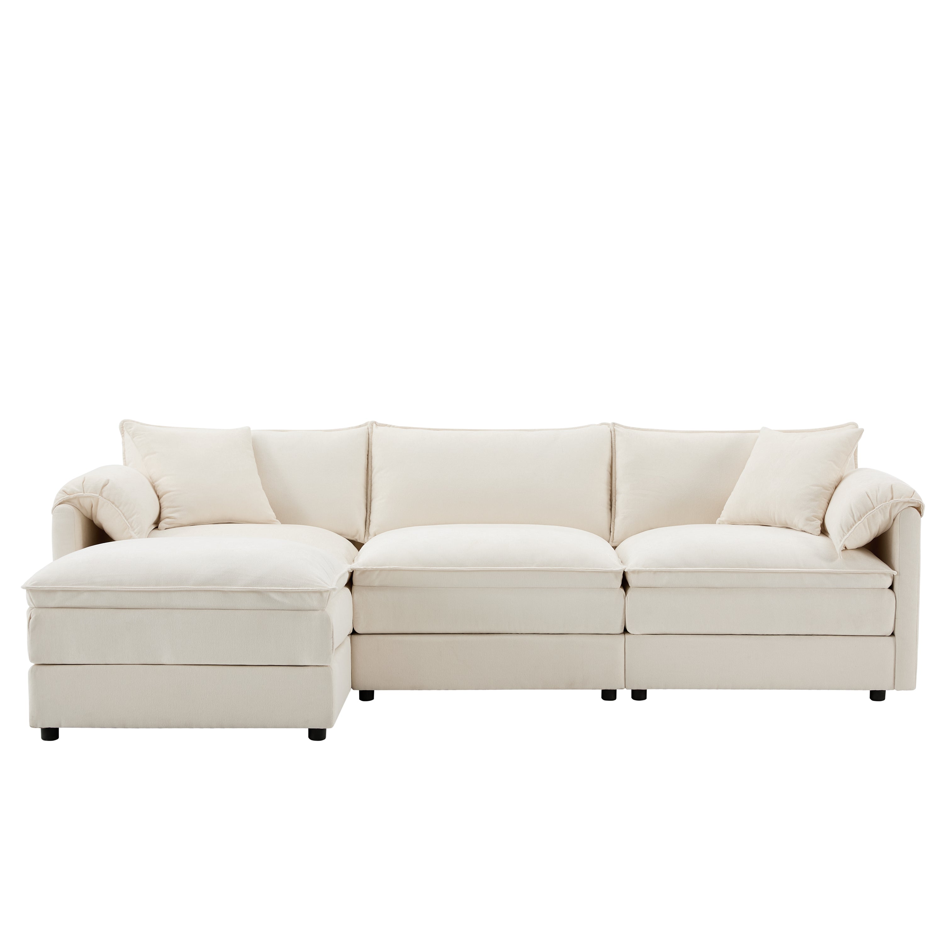 Front view of Chenille Modular Sofa with left-side ottoman, showcasing deep seating and plush cushions in a cream sectional layout.