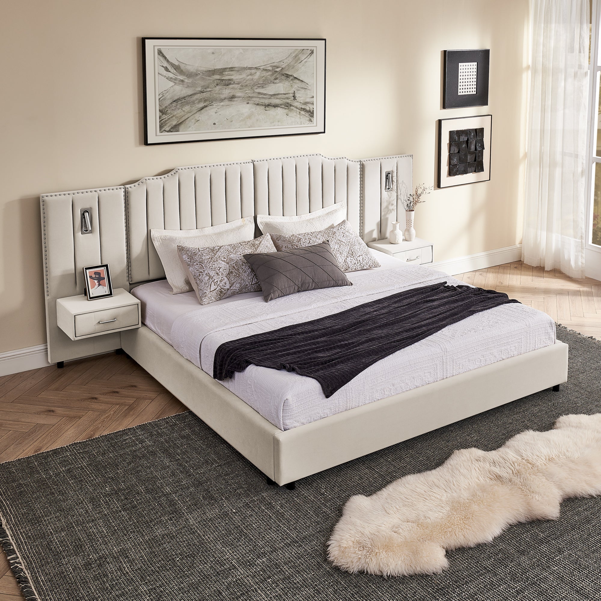 Modern king bed frame with no box spring needed, featuring vertical tufted headboard and floating nightstands for functional elegance.