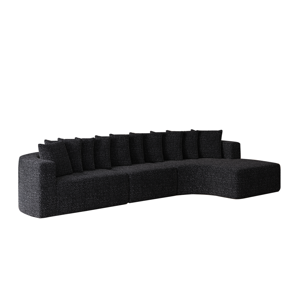 Chenille Sectional Sofa - Modular L-Shaped Sofa with curved design and 10 pillows in dark fabric, ideal for modern living room interiors.