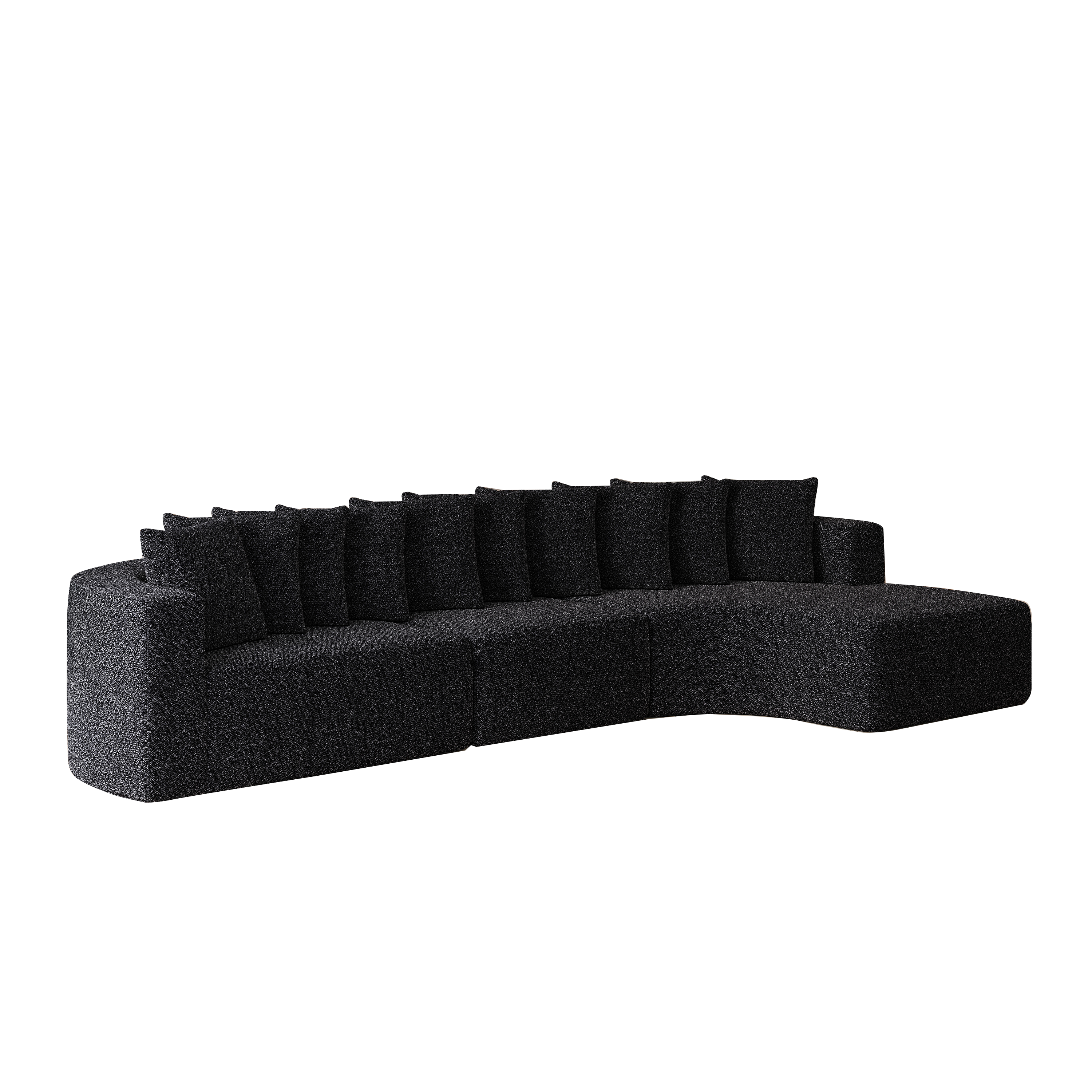 Chenille Sectional Sofa - Modular L-Shaped Sofa with curved design and 10 pillows in dark fabric, ideal for modern living room interiors.