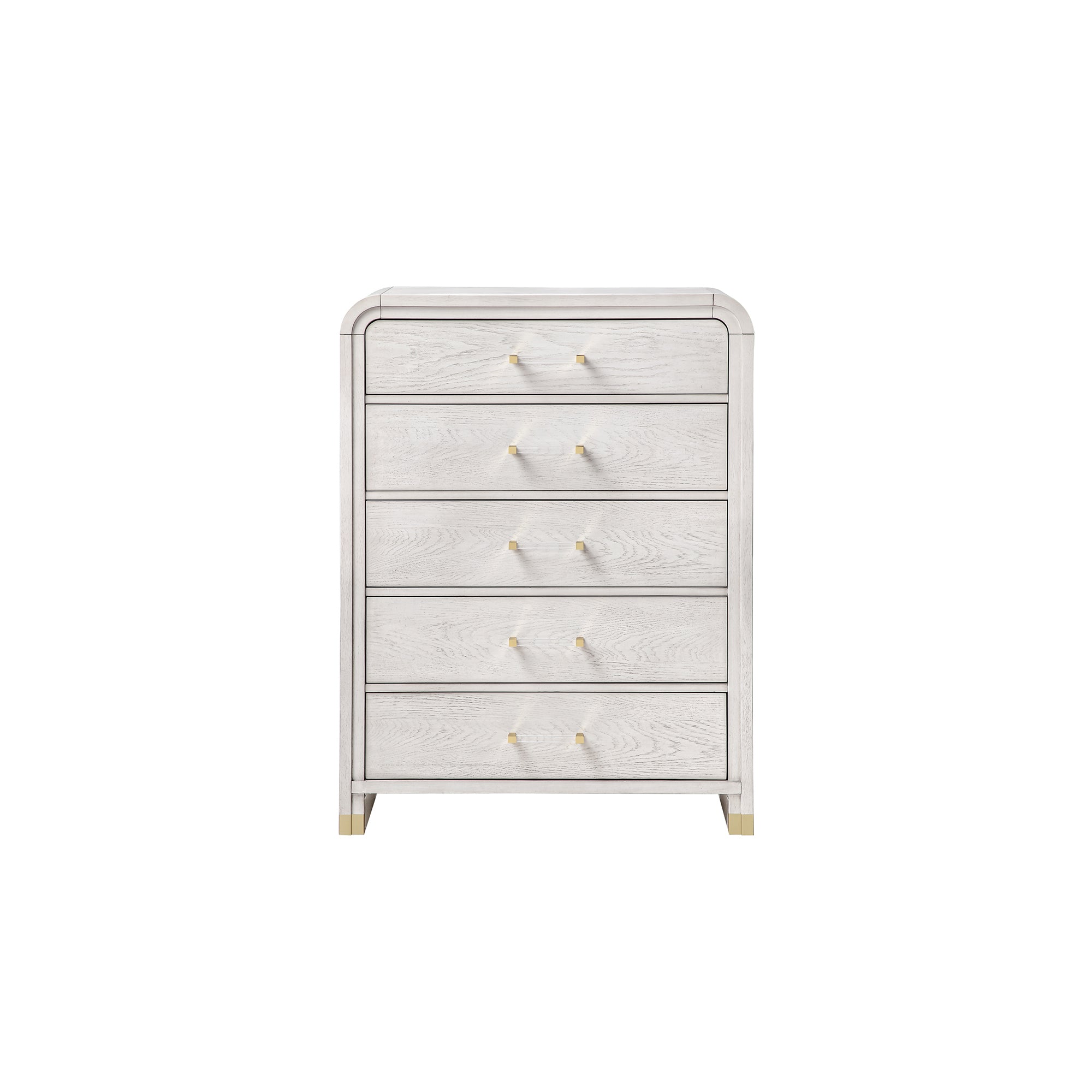 Malco Oak Chest with acrylic handles and gold accents, featuring five spacious drawers in a light oak finish, ideal for modern bedroom storage.