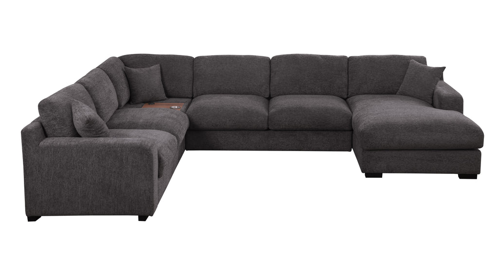 Modern gray chenille corner sectional with integrated cupholders and charging ports, designed for comfort and functionality.