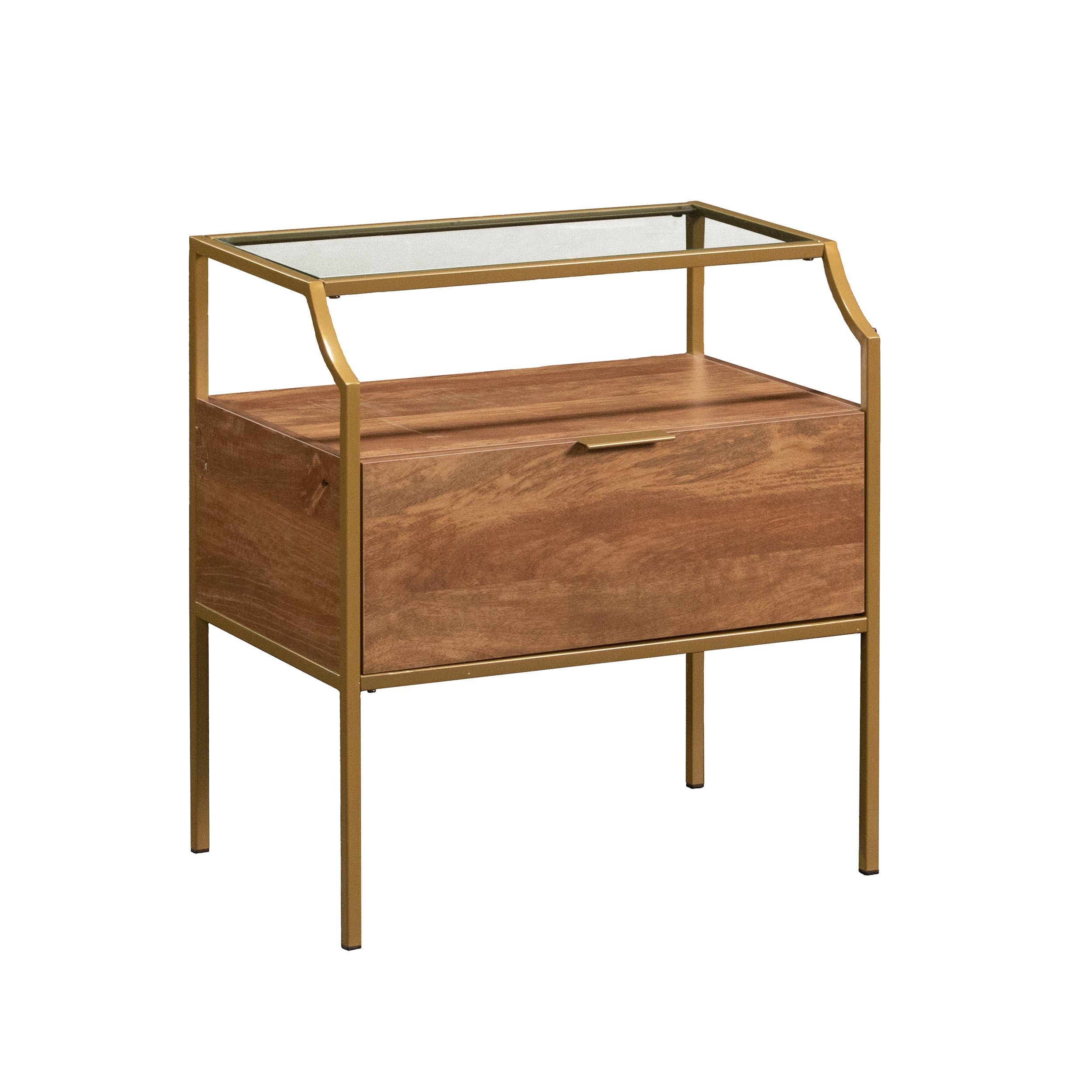 Brown finish night stand with glass top and gold metal frame, ideal for modern bedroom decor and compact storage.