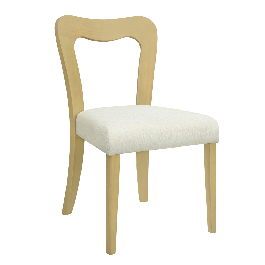 Angled front view of a contemporary dining chair featuring a curved backrest and beige cushioned seat on a light ash wood frame.