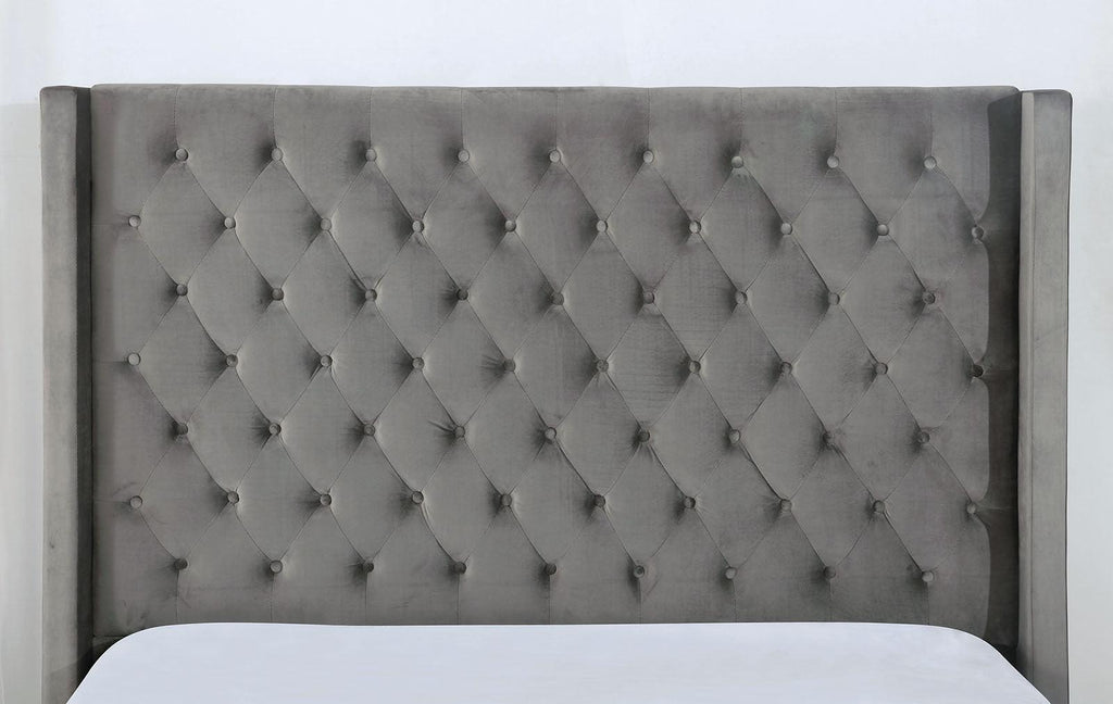 Gray Upholstered King Size Bed Frame with Wingback Design.
