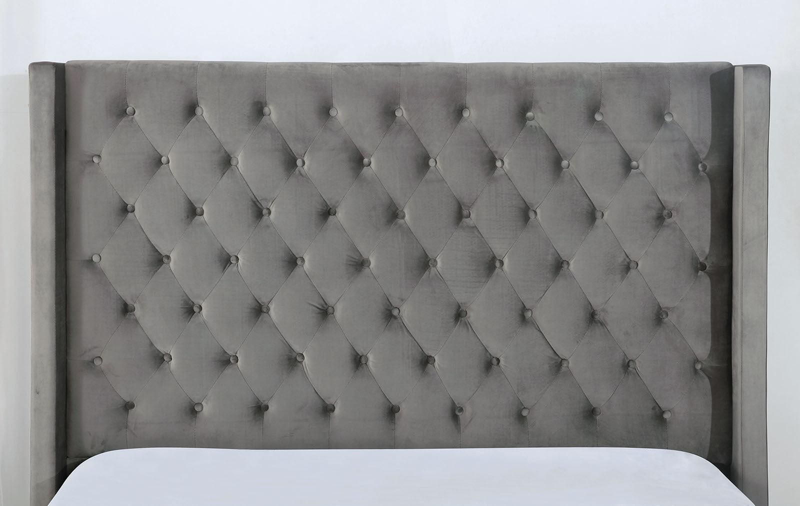 Gray Upholstered King Size Bed Frame with Wingback Design.