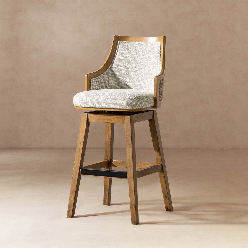 Cane Rattan Swivel Bar Stool - Bahama 30' High-Back with recessed arms and neutral gray polyester wool blend upholstery, ideal for modern kitchens.