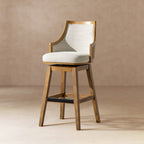 Cane Rattan Swivel Bar Stool - Bahama 30' High-Back with recessed arms and neutral gray polyester wool blend upholstery, ideal for modern kitchens.