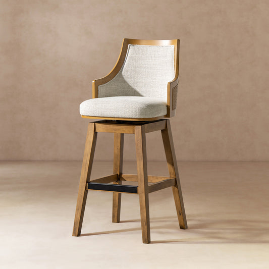 Cane Rattan Swivel Bar Stool - Bahama 30' High-Back with recessed arms and neutral gray polyester wool blend upholstery, ideal for modern kitchens.