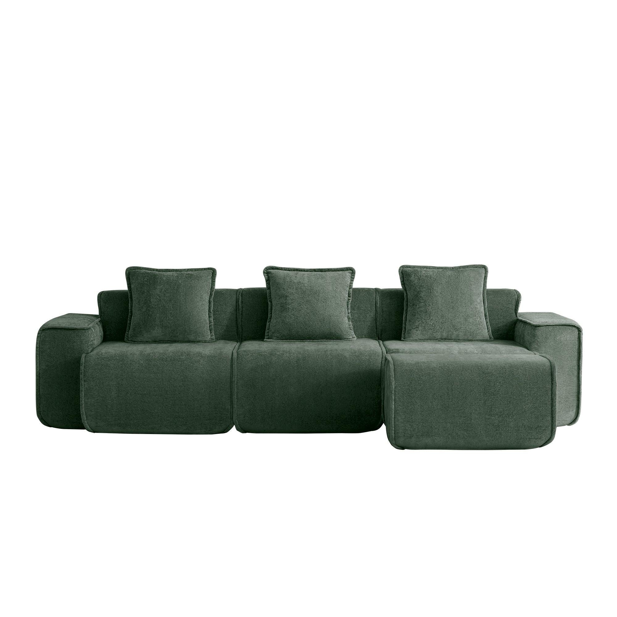 Front view of green velvet modular sectional sofa with three seats and ottoman, designed for comfort and easy setup.